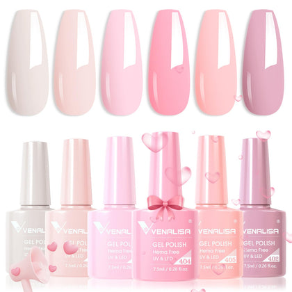 VENALISA Hema-Free Pink Gel Nail Polish Set- 6 Colors Popular Nude Pink Gel Polish Kit, Soak Off LED Nail Lamp Light Pink Gel Manicure Kit DIY at Home Salon Gifts for Women Girls