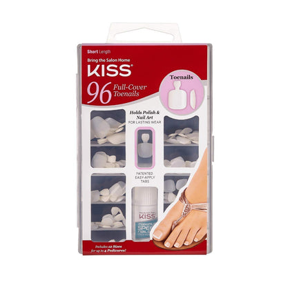 KISS 96 Full Cover Toenails Kit, Long Lasting Fake Nails, DIY Home Manicure Set with Pink Gel Nail Glue 3 g / 0.11 oz. and 96 Fake Toenails in 12 Sizes for up to 4 pedicures