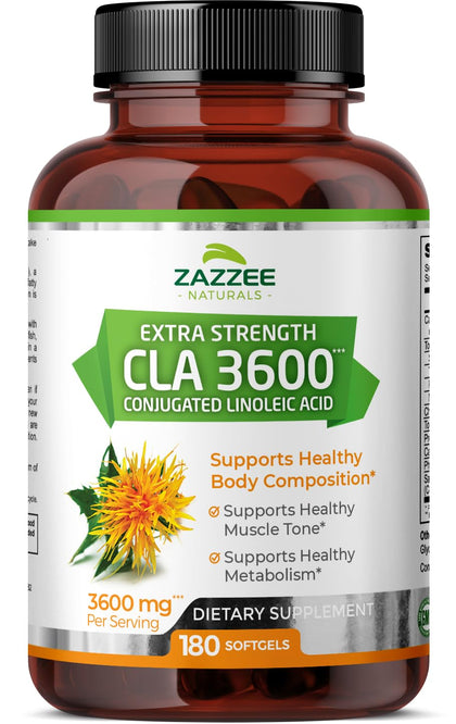 Zazzee High Potency CLA 3600, 180 Softgels, 3600 mg per Serving, Conjugated Linoleic Acid from Safflower Oil, Concentrated and Standardized, 60 Day Supply, Non-GMO and Made in The USA