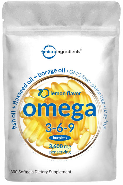 Ultra Omega 3-6-9 3600mg Perserv, 300 Burpless Softgels | Lemon Flavor - Blend of Fish, Flaxseed, Borage Oils | Bioavailable Source, Non-GMO, No Gluten, Mercury Free