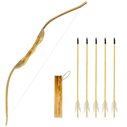 Wooden Bow and Arrow Set, 40 Inch Handmade Wooden Bow and Arrow Cosplay Costume Propr Archery Set Games Toys, 1 Bows 1 Quivers and 5 Feather Arrows, Gifts for Kids Youth Boys and Girls