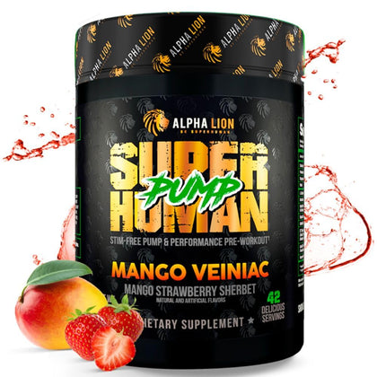 ALPHA LION Superhuman Pump Pre Workout Powder, Nootropic Caffeine & Stim Free Preworkout Supplement, Nitric Oxide Booster, Muscle Gainer, Energy & Focus (42 Servings, Mango Veiniac Flavor)