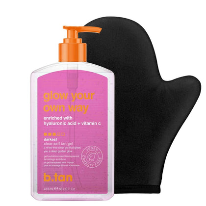 b.tan Best Clear Self Tanning Gel with Mitt Kit | Glow Your Own Way Bundle - Quick Express Tanner Gel for Face and Body with Applicator, Transfer-Proof, 16 Fl Oz