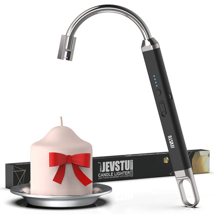 jevstu electric lighter, candle lighter usb rechargeable with led display 360° flexible neck, arc plasma electronic windproof flameless long lighter with safety switch hook for kitchen grill, black