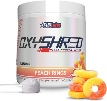 EHP Labs OxyShred Pre Workout Powder & Shredding Supplement - Preworkout Powder with L Glutamine & Acetyl L Carnitine, Energy Boost Drink - Peach Candy Rings, 60 Servings