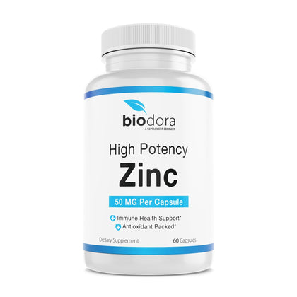 Biodora Zinc High Potency, No GMO, Vitamins for Good Skin, Immune Support Supplement & Antioxidant, Vegan, 50mg Per Servings, 60 Capsules, Unflavoured