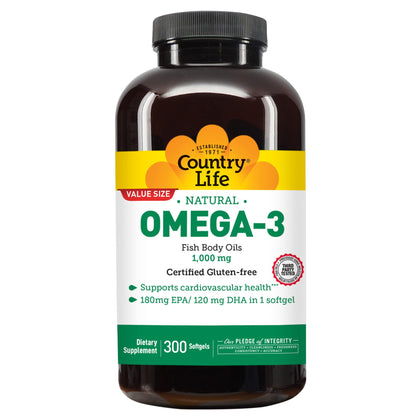 Country Life Omega-3 Fish Body Oils 1000 mg, 300-Count