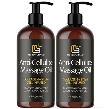 Anti Cellulite Massage Oil Infused with Collagen & Stem Cell Instant Toning Firming of Cellulite & Scar Remover for Thighs & Body Relaxing Sore Muscle Massage Therapy Cream by M3 Naturals (2 Pack)