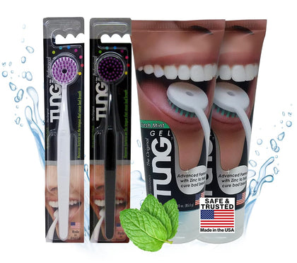 Tung Tongue Brush & Gel Kit | Tongue Cleaner for Adults | Tongue Scraper to Fight Bad Breath and Halitosis | Mouth Odor Eliminator | Fresh Mint | Made in America (Set of 2)