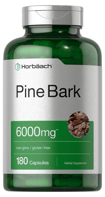 Horbäach Pine Bark Extract | 6000 mg | 180 Capsules | Standardized to Contain 380 mg Proanthocyanidins | Non-GMO, Gluten Free Supplement | High Potency