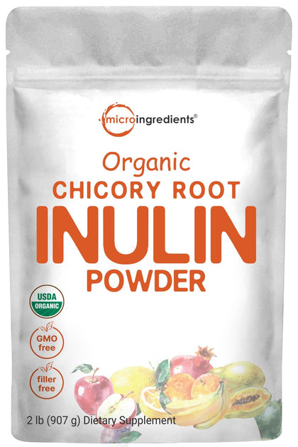 Micro Ingredients Organic Chicory Root Inulin Powder, 2 Pounds | Natural Prebiotic Fiber Supplement | Intestinal Support for Colon and Gut Health | Non-GMO and Vegan Friendly