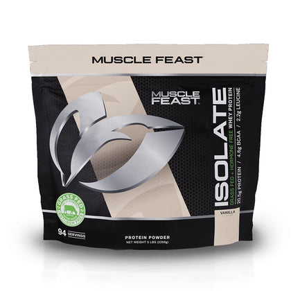 Muscle Feast Grass-Fed Whey Protein Isolate, All Natural Hormone Free Pasture Raised, Vanilla, 5lb (94 Servings)