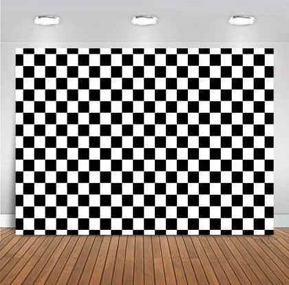 Cosplay Party Banner Checkered Flag Photography Backdrop Vinyl 7x5ft Photo Background White and Black Racing Checker Texture Grid Birthday Chess Board Decoration Supplies Photo Booth Studio Props