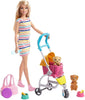 Barbie Dogwalking Doll & Accessories, Stroll & Play Pups Playset with Transforming Stroller, 2 Pets & Handbag, Blonde Doll