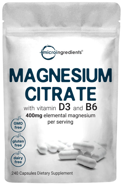 Magnesium Citrate 400mg with Vitamin D3 1000IU & B6, 240 Capsules | Elemental Mineral & Vitamins Complex | Combats Constipation, Supports Muscle, Heart, & Bone Health - Non-GMO