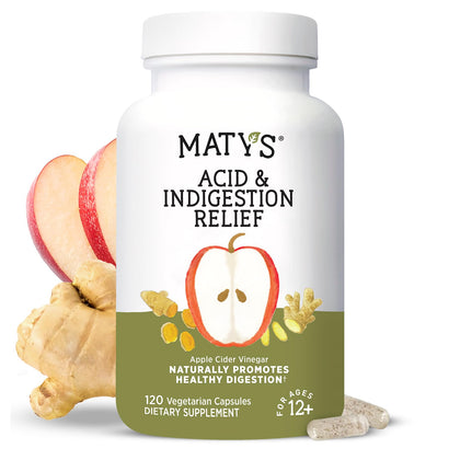 Matys Acid & Indigestion Relief Capsules, Safe Antacid Alternative for Occasional Acid Reflux & Heartburn, Made with Apple Cider Vinegar, Soy & Gluten Free Vegetarian Capsules, 120 Count, 60 Servings