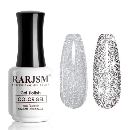 RARJSM Gel Polish Reflective Glitter,Gel Polish Glitter Silver,Flash Diamond Nail Gel Polish Soak off Disco Shimmer Gel Nail Polish UV LED Curing Requires 15ml for Home Salon Diy Nail Manicure