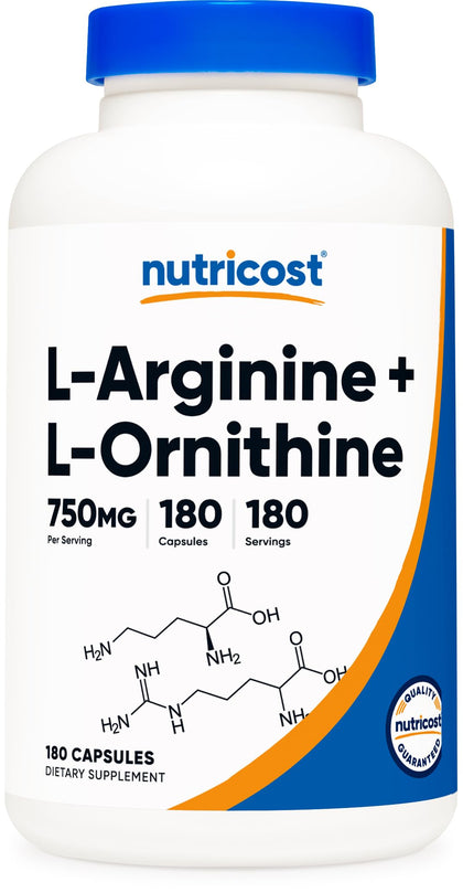 Nutricost L-Arginine L-Ornithine 750mg; 180 Capsules