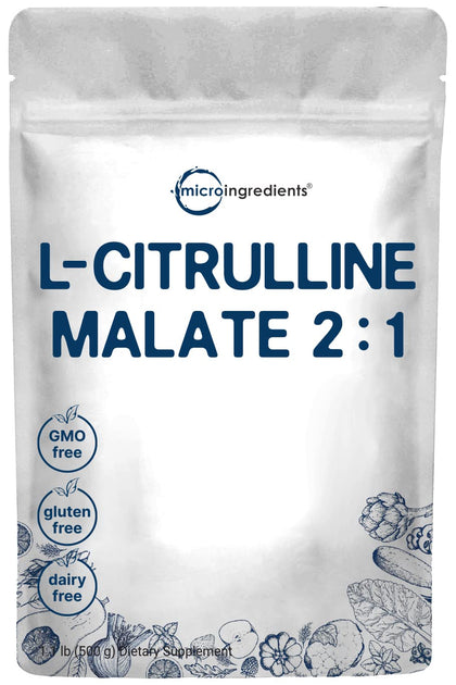 Pure L Citrulline Malate 2:1 Powder, 500 Grams, Filler Free, Vegan Citrulline Supplement and Citrulline Nitrate, Supports Muscle Performance, Endurance and Strength, Unflavored, Dissolve Easily