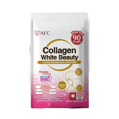 AFC Japan Collagen White Beauty with Marine Collagen Peptide, Glutathione, L-Cystine - 1.5X Better Absorption Than Other Collagen - for Skin Firmness & Whitening- 90 Days Supply's