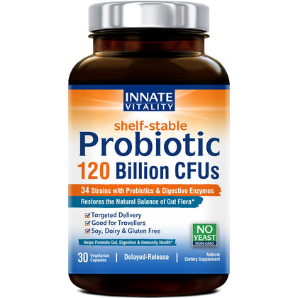 Innate Vitality Probiotics 120 Billion CFUs 34 Strains with Prebiotics & Digestive Enzymes, Digestion & Immunity Health for Women & Men, Shelf Stable, 30 Vegan Capsules