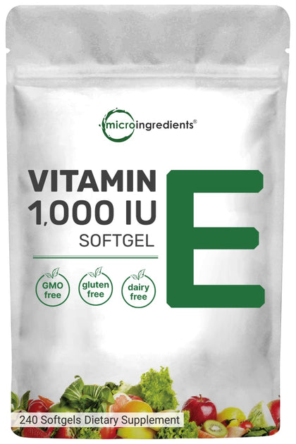 Micro Ingredients Vitamin E 1000 IU, 240 Softgels | Pure Vitamin E Oil Pills | Antioxidant Supplements for Skin, Face, & Immune Health | Non-GMO, Gluten Free