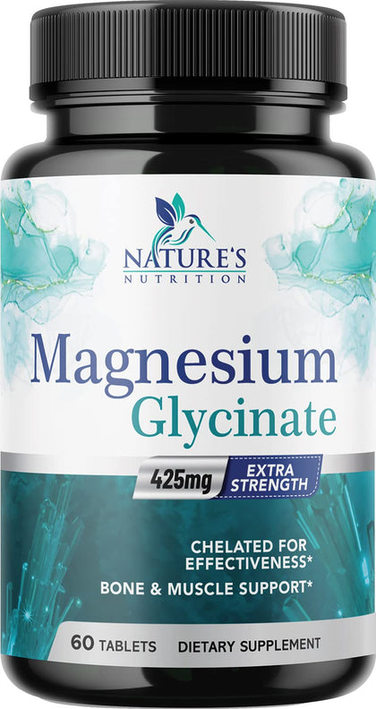 Magnesium Glycinate 425 mg with Calcium - Natural, High Absorption Magnesium Tablets Chelated for Muscle, Nerve, Bone & Heart Health Support - Non-GMO, Gluten Free, Vegan Supplement - 60 Tablets