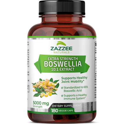 Zazzee Extra Strength Boswellia Serrata 10:1 Extract, 5000 mg Strength, 65% Boswellic Acid, 180 Vegan Capsules, 6 Month Supply, Standardized 10X High Potency, 100% Vegetarian, All-Natural, Non-GMO