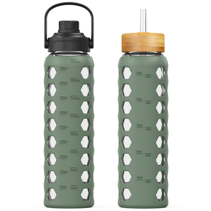 MUKOKO 32oz Glass Water Bottles with 2 Lids-Handle Spout Lid&Bamboo Straw Lid, Motivational Water Tumbler with Time Marker Reminder and Silicone Sleeve, Leakproof-Olive-1 Pack