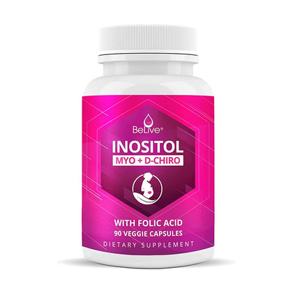 BeLive Myo-Inositol & D-Chiro Inositol Capsules - 90Ct I Inositol Supplement with Folic Acid for PCOS, Reproductive Health & Hormonal Balance, Fertility Supplements for Woman, Optimal 40:1 Ratio (1)