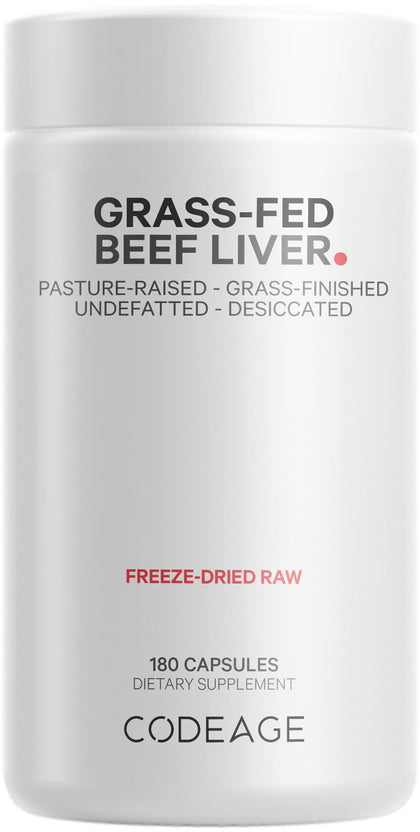 Codeage Grass Fed Beef Liver Supplement Superfood, Freeze Dried, Non-Defatted, Desiccated Beef Liver Glandulars Bovine Pills, Liver Health, Pasture Raised Beef Vitamins, Non-GMO, 180 Capsules