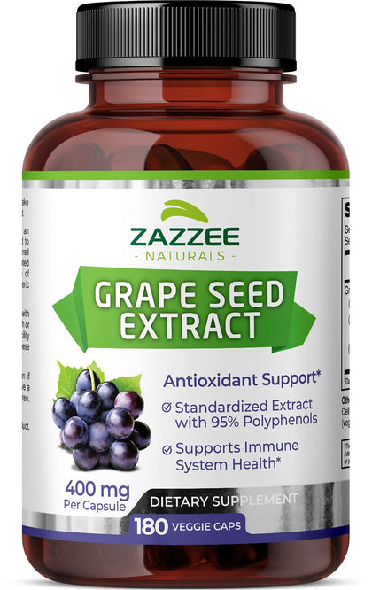 Zazzee High Strength Grape Seed 50:1 Extract, 20,000 mg Strength, 180 Vegan Capsules, 95% Polyphenols, 6 Month Supply, Concentrated, Standardized 50X Extract, 400 mg per Capsule, All-Natural, Non-GMO