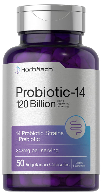 Horbäach Probiotics 120 Billion CFU | 14 Strains with Prebiotics | for Women & Men | 50 Capsules | Vegetarian, Non-GMO & Gluten Free Supplement