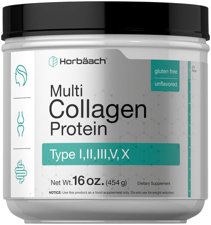 Horbäach Multi Collagen Protein Powder 16 oz | Type I, II, III, V, X | Hydrolyzed Collagen Peptide Powder | Keto & Paleo Friendly | Unflavored & Gluten Free