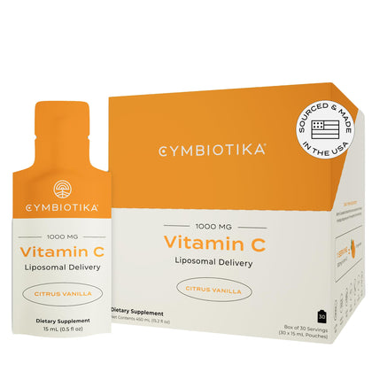 CYMBIOTIKA Vitamin C Individual Packets, Liposomal Delivery, Supplement for Immune Support, Collagen Boost, & Healthy Aging, Skin Hydration Packets, Citrus Vanilla Flavor, 30 Pack