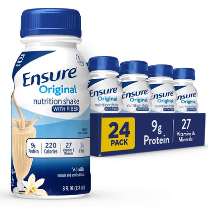 Ensure Original Vanilla Liquid Nutrition Shake With Fiber, Gluten free Meal Replacement Shake, 8 Fl Oz (Pack of 24)