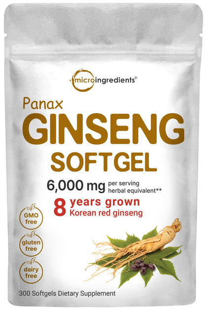 Micro Ingredients Red Panax Ginseng Supplement 6,000mg Per Serving, 300 Softgels | High Potency Korean Ginseng Root Extract with Active Ginsenosides | Supports Energy & Immune Health | Non-GMO