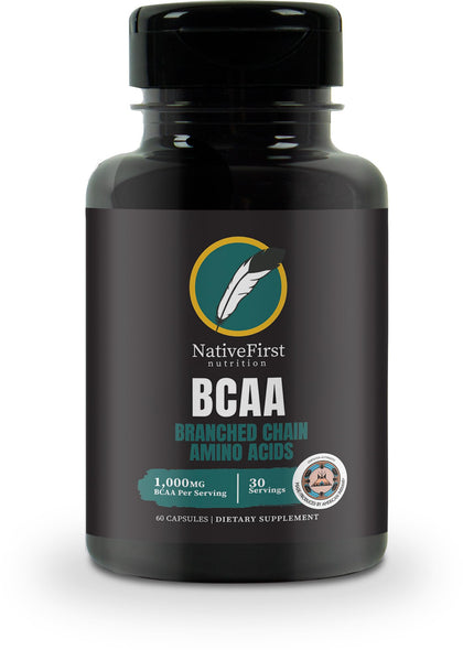 NativeFirst BCAA Capsules: Inspired by Native American Wisdom | (60 Caps, 30 Servings / 1000mg BCAAs Per Serving) - Gluten Free, Non-GMO Branched Chain Amino Acids