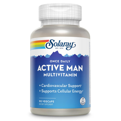 SOLARAY Once Daily Active Man Multivitamin & Mineral, Multivitamin for Cardiovascular, Support, Energy & Focus, Digestive Enzyme Blend, Amino Acids and Whole Food Base, 90 Servings, 90 VegCaps