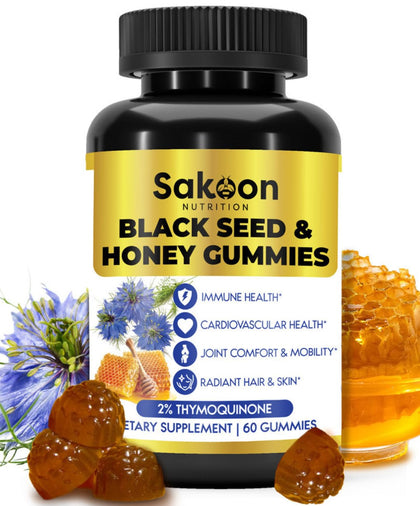 Sakoon nutrition Black Seed Oil & Honey Gummies W/ 2%+ THYMOQUINONE | Nigella Sativa Seeds| Super antioxidant for Immune Support, Joints, Digestion, Hair & Skin | 60 Gummies