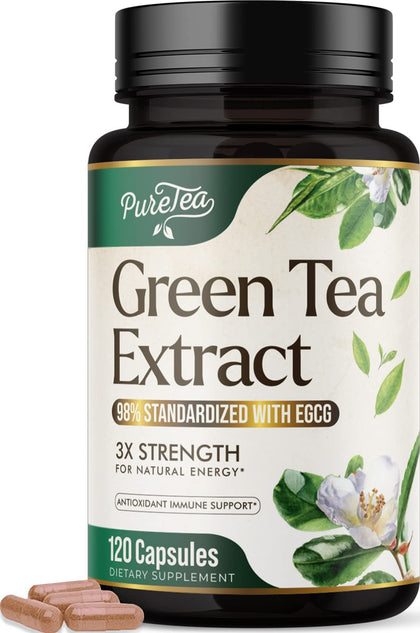 Green Tea Extract Pills 1000mg with EGCG for Heart Support with Antioxidants - 98% Standardized Polyphenols - 3X Absorption Green Tea Capsules for Natural Energy, Gentle Caffeine - 120 Capsules