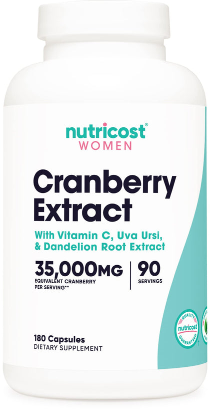 Nutricost Cranberry Extract for Women (35,000mg Equivalent),180 Capsules - with Vitamin C, Uva Ursi & Dandelion Root Extract - Non-GMO & Gluten Free Health Supplement