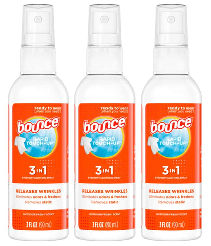 Bounce Anti Static Spray, 3 in 1 Instant Anti Static Spray & Instant Wrinkle Release, Odor Eliminator & Fabric Refresher, Travel Size (3 Oz,Pack of 3)