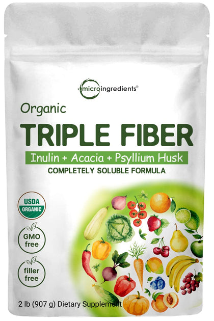 Organic Soluble Prebiotics Fiber Supplement (Inulin, Acacia, Psyllium Husk), 2 Pounds, 3 in 1 Fiber Formula, Daily Fiber, Unflavored, for Digestive Health, Hunger Control, Vegan