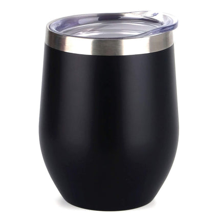 SUNWILL Vacuum Insulated Wine Tumbler with Lid (Black), Stemless Stainless Steel Insulated Wine Glass 12oz, Double Wall Durable Coffee Mug, for Champaign, Cocktail, Beer, Office use