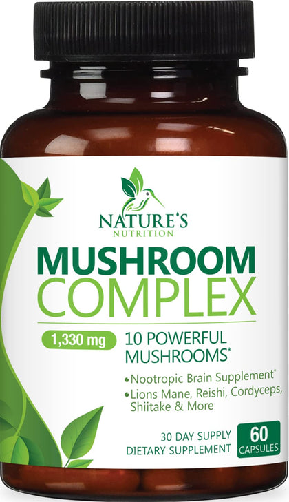 Mushroom Supplement - 10 Mushroom Complex Blend - Lions Mane, Reishi, Turkey Tail, Chaga, Cordyceps, Shiitake, Maitake - Nootropic Brain Supplement, Memory, Focus, Immune Health Support - 60 Count