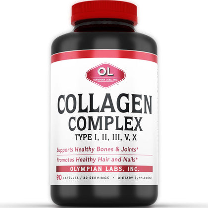 Olympian Labs Multi Collagen Complex Type I, II, III, V, X, Hair, Nails, Joint, Gut Health, 90 Caps, 30-Day Supply