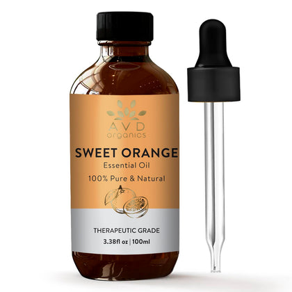 AVD Organics Sweet Orange Essential Oils for Skin | Pure, Natural, Cold Pressed & Undiluted Sweet Orange Oil -Use in Aromatherapy Diffusers for Mood Lifting - 3.38 fl. Oz