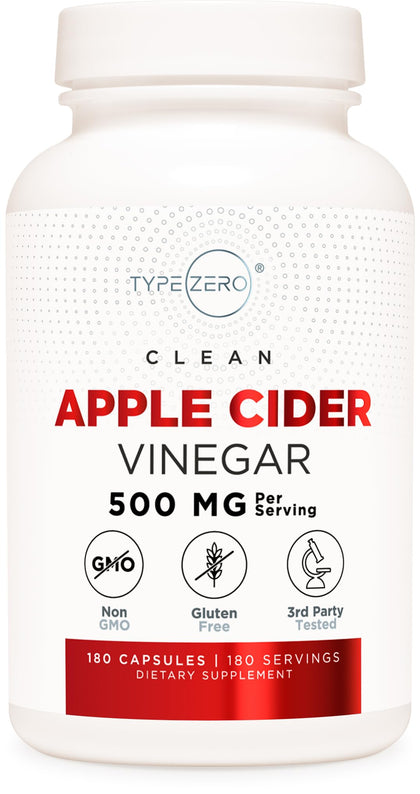 Type Zero Apple Cider Vinegar Capsules (180 Count) 500mg Per Serving - Non-GMO, Gluten-Free Supplement