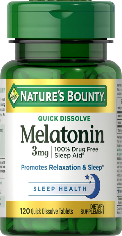 Nature's Bounty Melatonin, Promotes Relaxation & Sleep, 100% Drug Free Sleep Aid, 3 mg, 120 Quick Dissolve Tablets